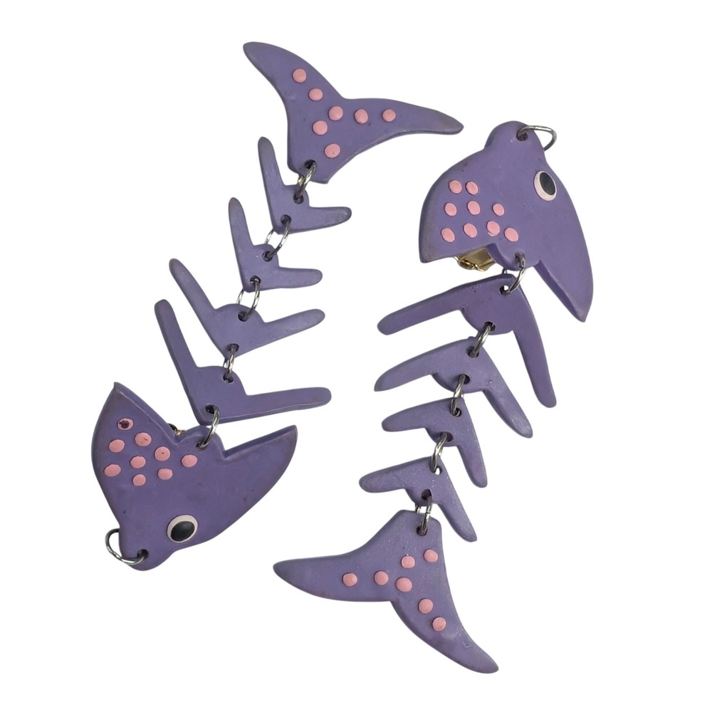 Huge Statement Earrings Purple Fish Clip On Earrings